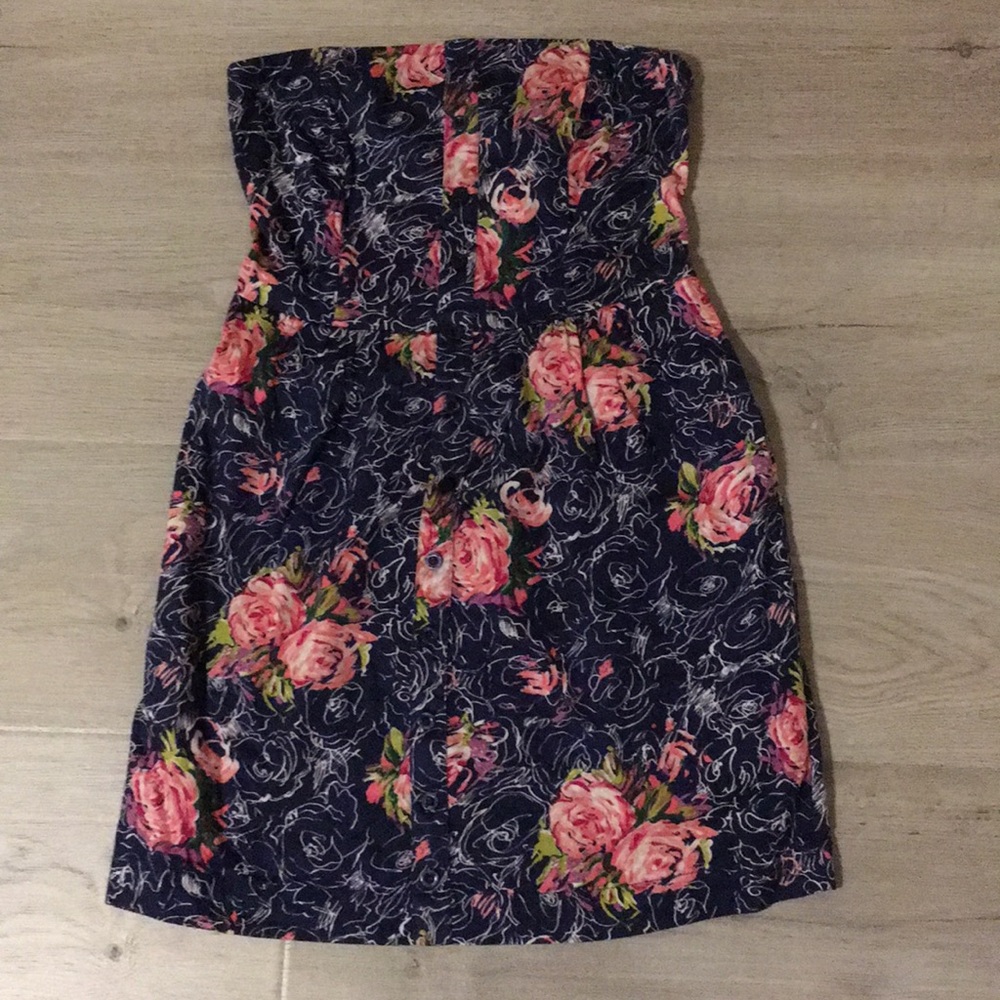 Blue Floral Strapless Dress